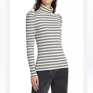 Veronica Beard Black and White Striped Cotton Turtleneck Top